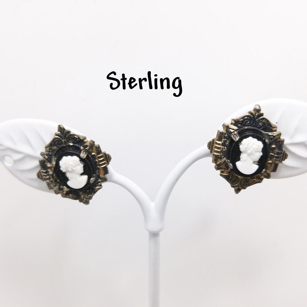 Cameo Sterling Vermeil Screw Back Earrings, Sterling Silver, 1940s Vintage